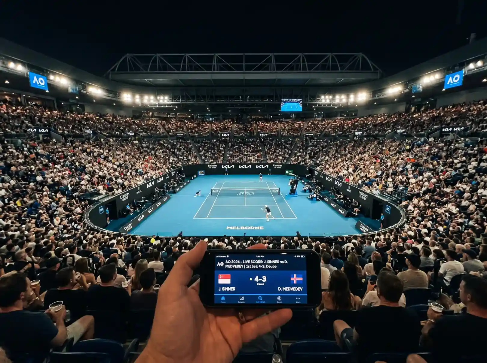 Grada de un torneo ATP con espectadores siguiendo un partido en directo mientras consultan dispositivos móviles