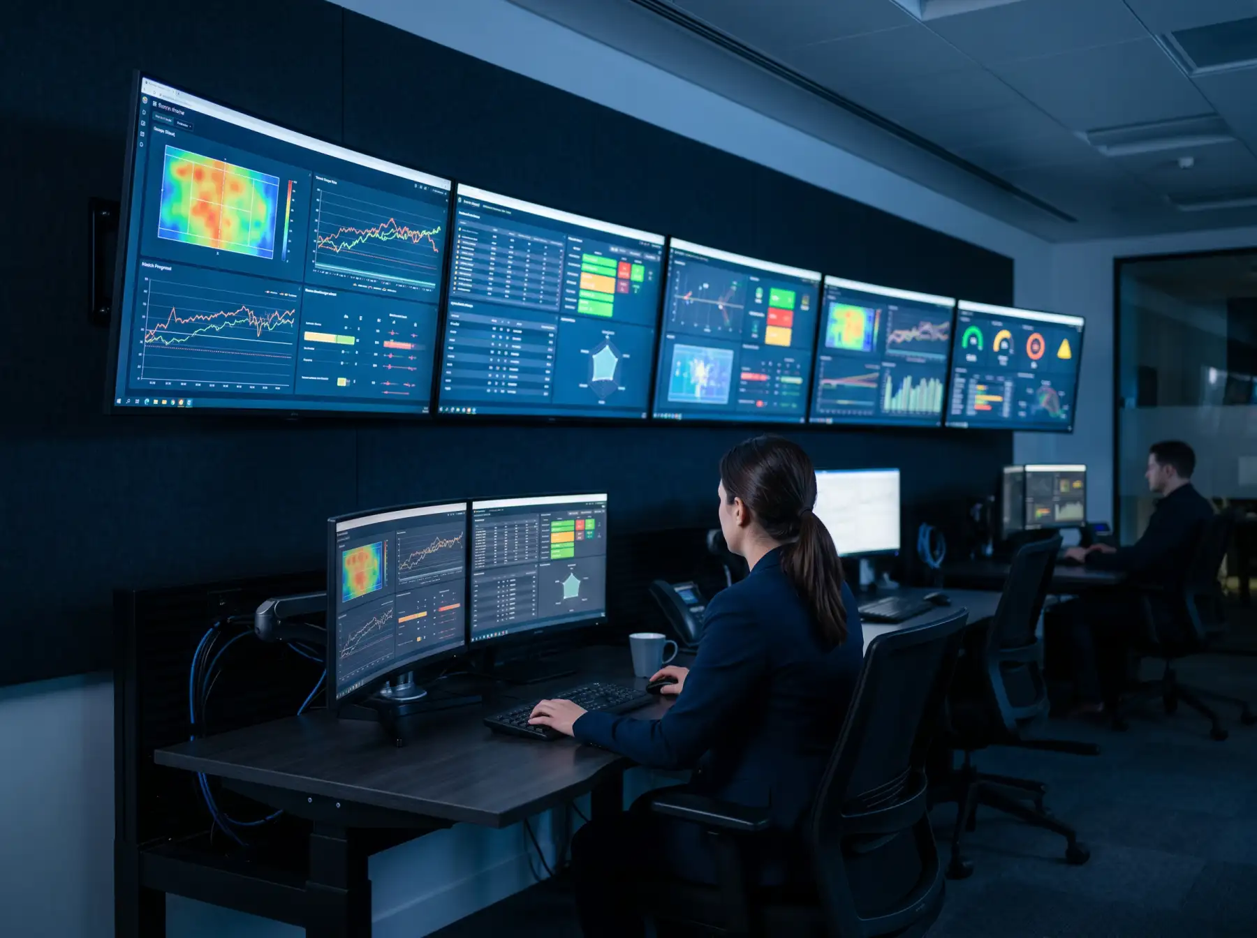 Centro de control con múltiples monitores mostrando datos de partidos de tenis para detección de actividad sospechosa