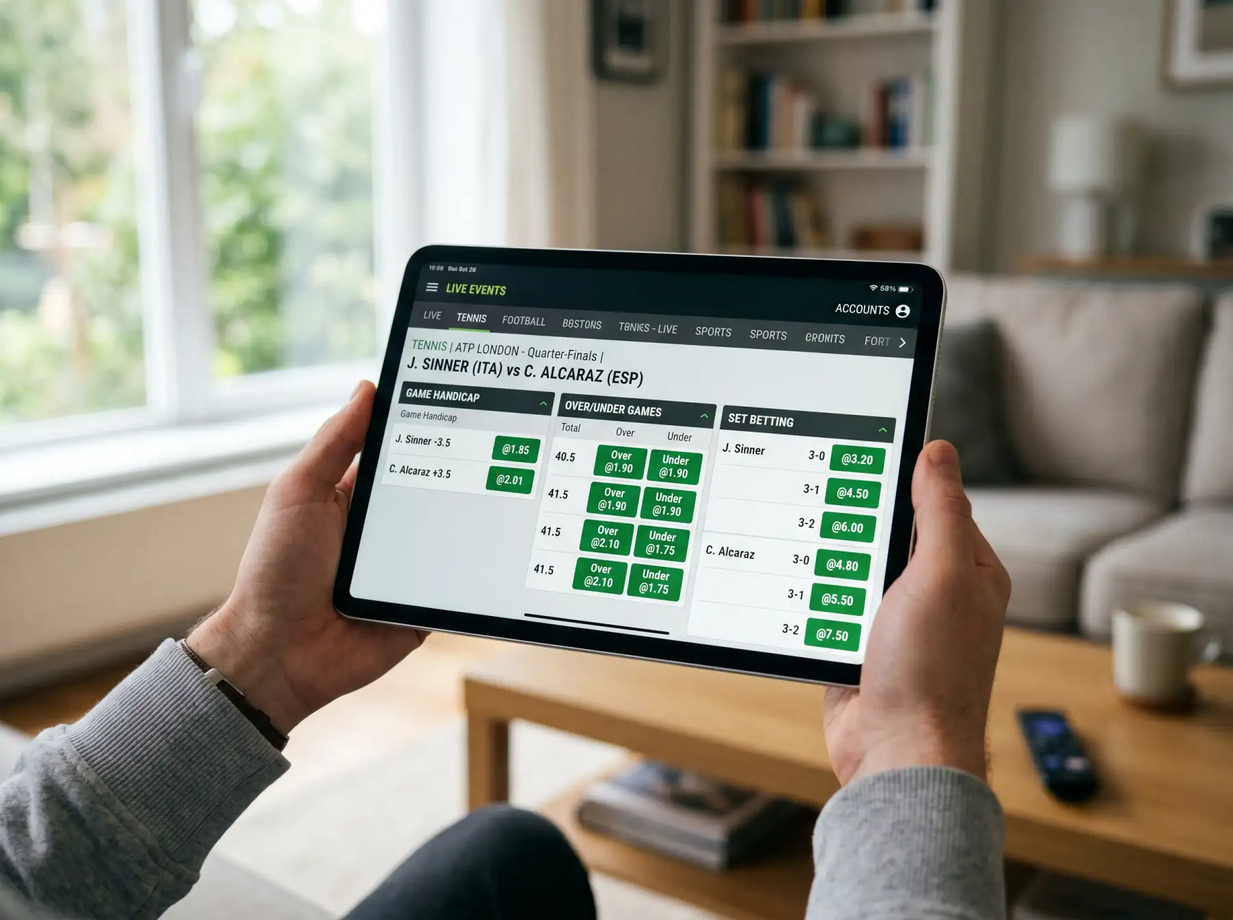 Tablet con mercados de apuestas de tenis mostrando hándicap de juegos y over/under
