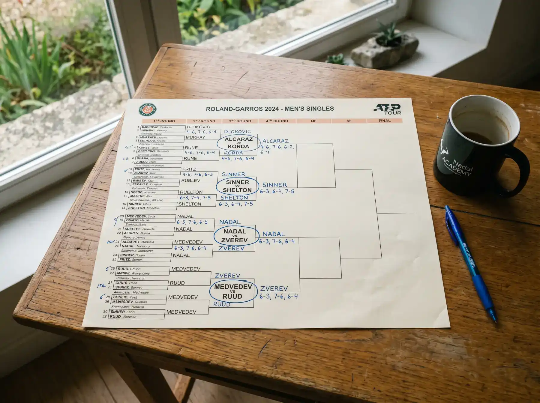 Cuadro de torneo de tenis ATP impreso sobre un escritorio con anotaciones a mano